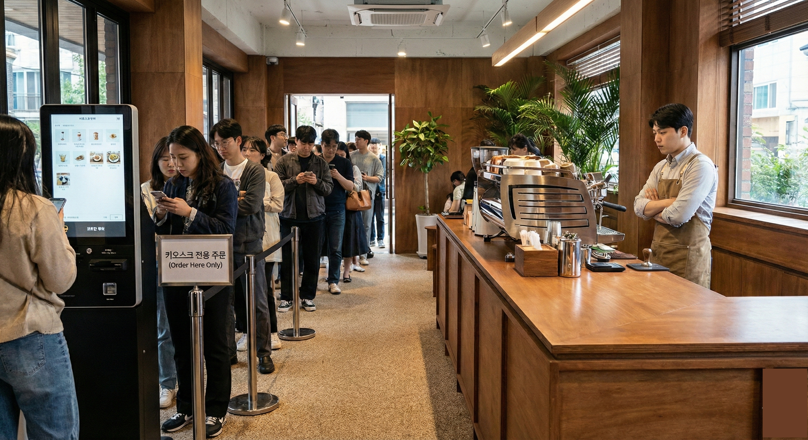 카페에서 키오스크 앞에 줄 서있는 고객들
